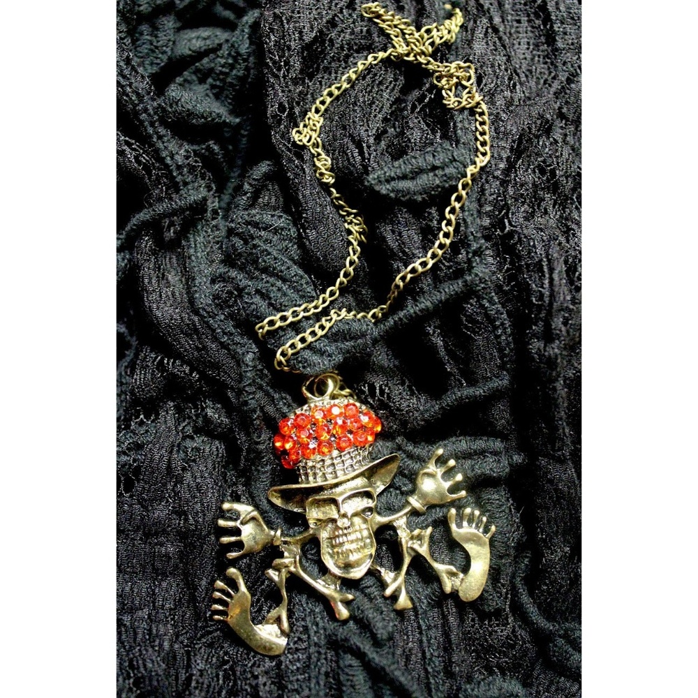 Cool Skeleton Necklace Red Rhinestones Top Hat